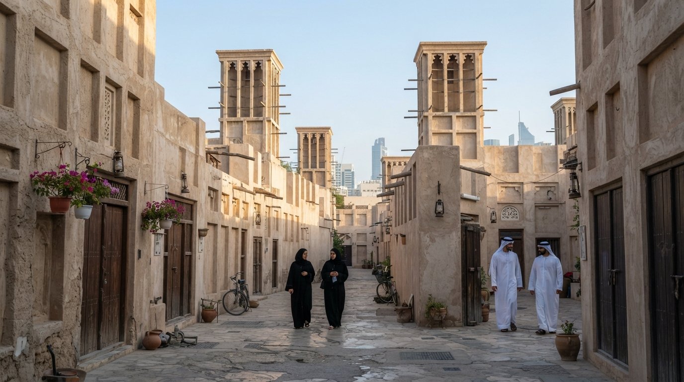 schmale, sandfarbene Sikkas im Al Fahidi Historical Neighbourhood mit Barjeel-Windtürmen, die über restaurierten historischen Häusern im sanften Morgenlicht aufragen