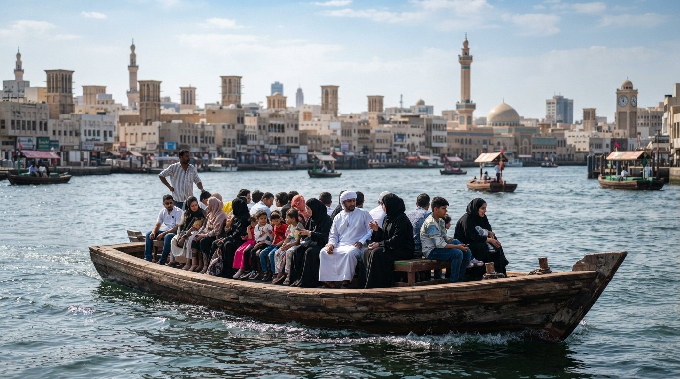 eine traditionelle hölzerne Abra auf der Dubai Creek nahe der Station Bur Dubai, Passagiere sitzen eng beieinander, während sie tagsüber in Richtung Deira fährt