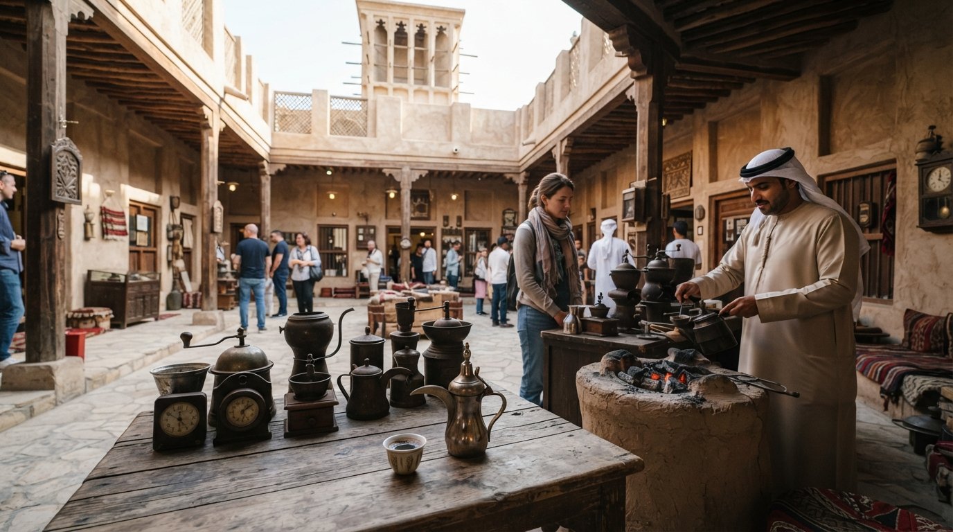 der Innenhof und das Windturm-Innere des Coffee Museum in Al Fahidi, antike Kaffeeröster neben einer Tasse holzkohlegebröhtem Qahwa ausgestellt