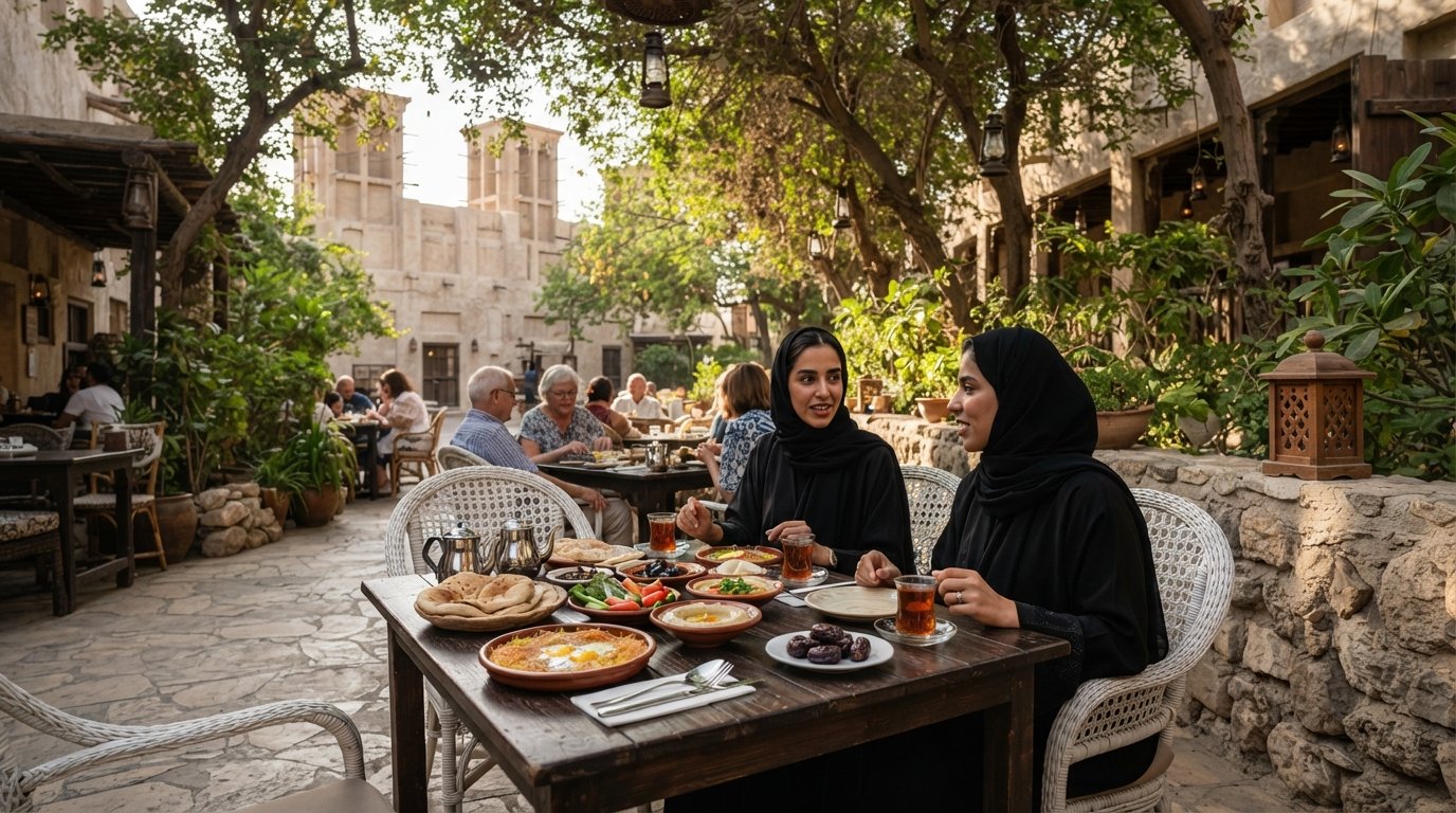 die Innenhoftische des Arabian Tea House in der Al Fahidi Street, weiße Rattanstühle unter einem alten Baum mit emiratischen Frühstücksgerichten und Karak-Tee