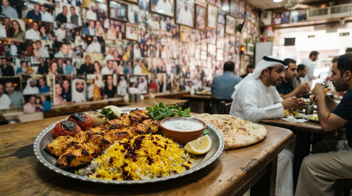 ein Teller mit joghurtmarinierten Kebabs über Safranreis im Al Ustad Special Kabab, mit fotobedeckten Wänden im Hintergrund