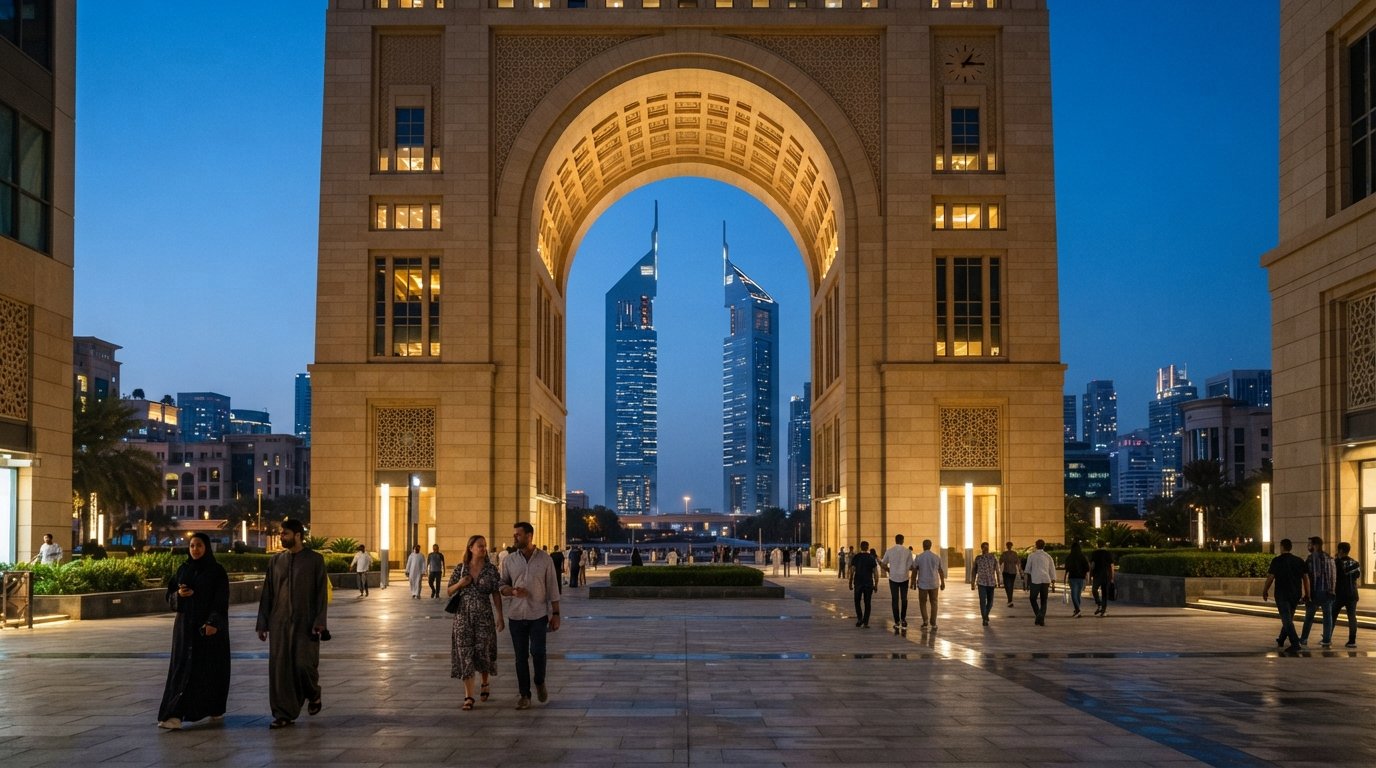 The Gate Building-buen ved skumring, på linje med Emirates Towers i baggrunden, dens stenfacade lysende op mod en dyb blå Dubai-himmel