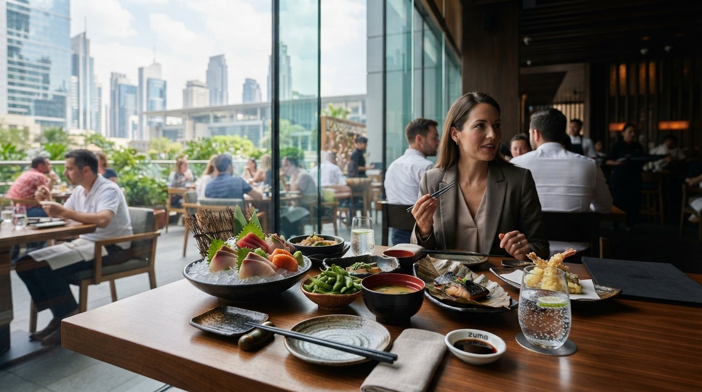 Et bord hos Zuma i Gate Village 6, med polerede forretningsfrokostretter, lakerede spisepinde og terrasse-stemningen lige bag glasset