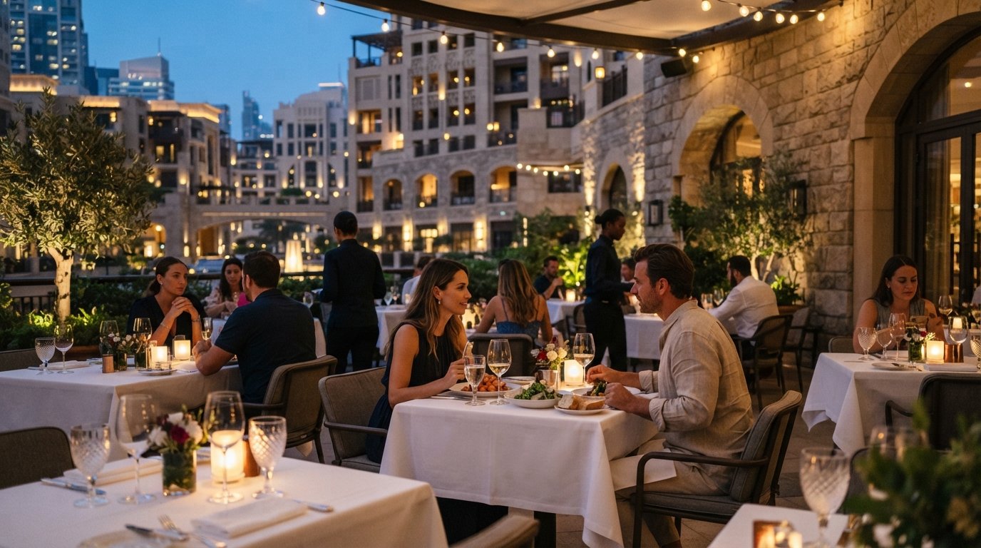 Terrasse hos La Petite Maison i Gate Village 8 tidligt om aftenen, hvide duge, glas der fanger lyset og den stensatte arkitektur bagved