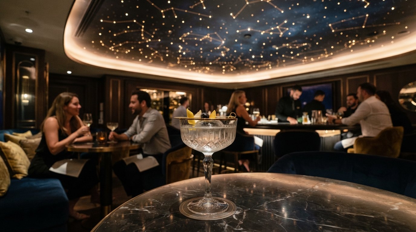 Galaxy Bar i Gate Village 9, et intimt cocktailrum med det håndmalede stjernehimmelloft og en præcis drink i forgrunden