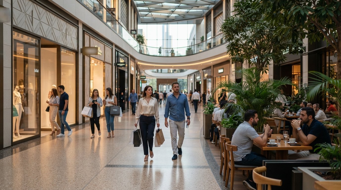 Gate Avenues airconditionerede promenade med butiksruder, café siddepladser og et par shoppere, der bevæger sig mellem frokost og det sene eftermiddagslys