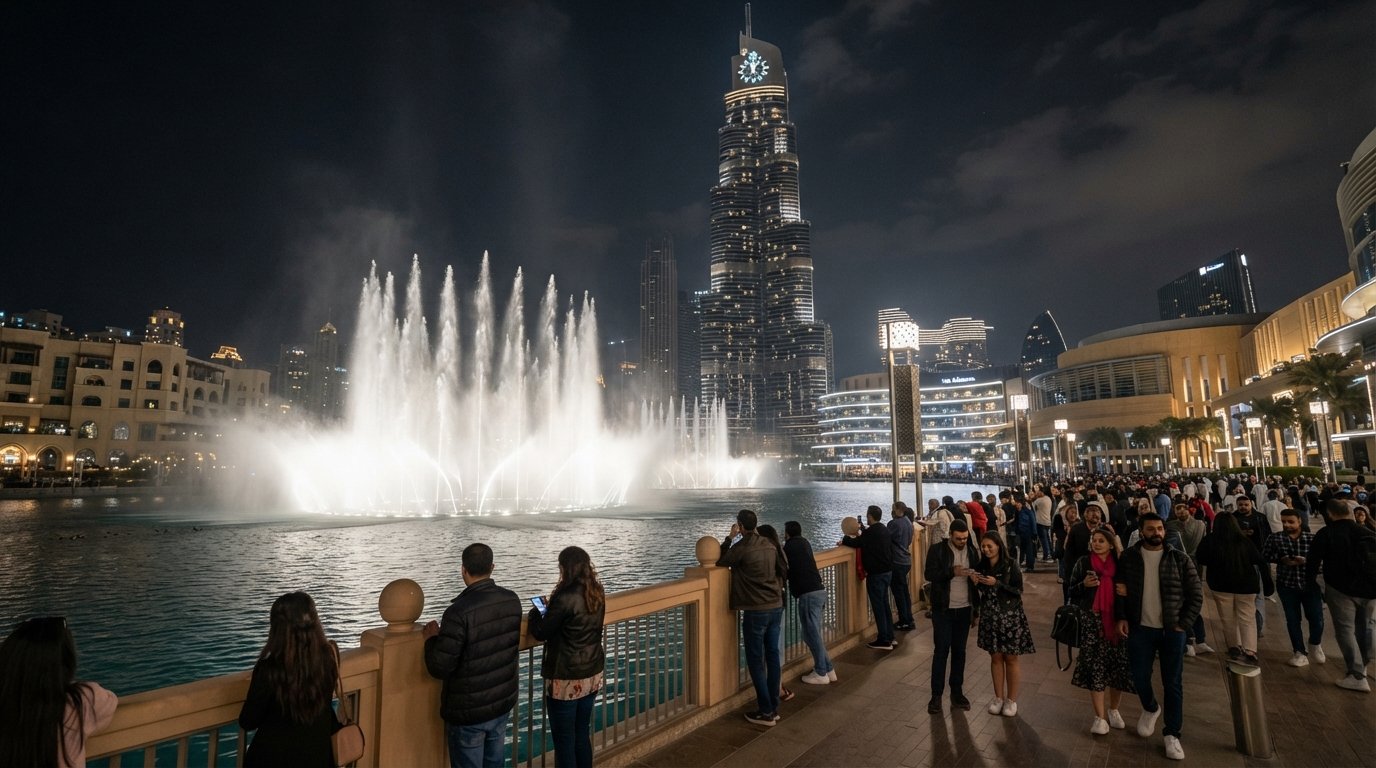 the Dubai Fountain sending white jets across Burj Lake with the Burj Khalifa rising behind at night, crowds lined along the waterfront promenade