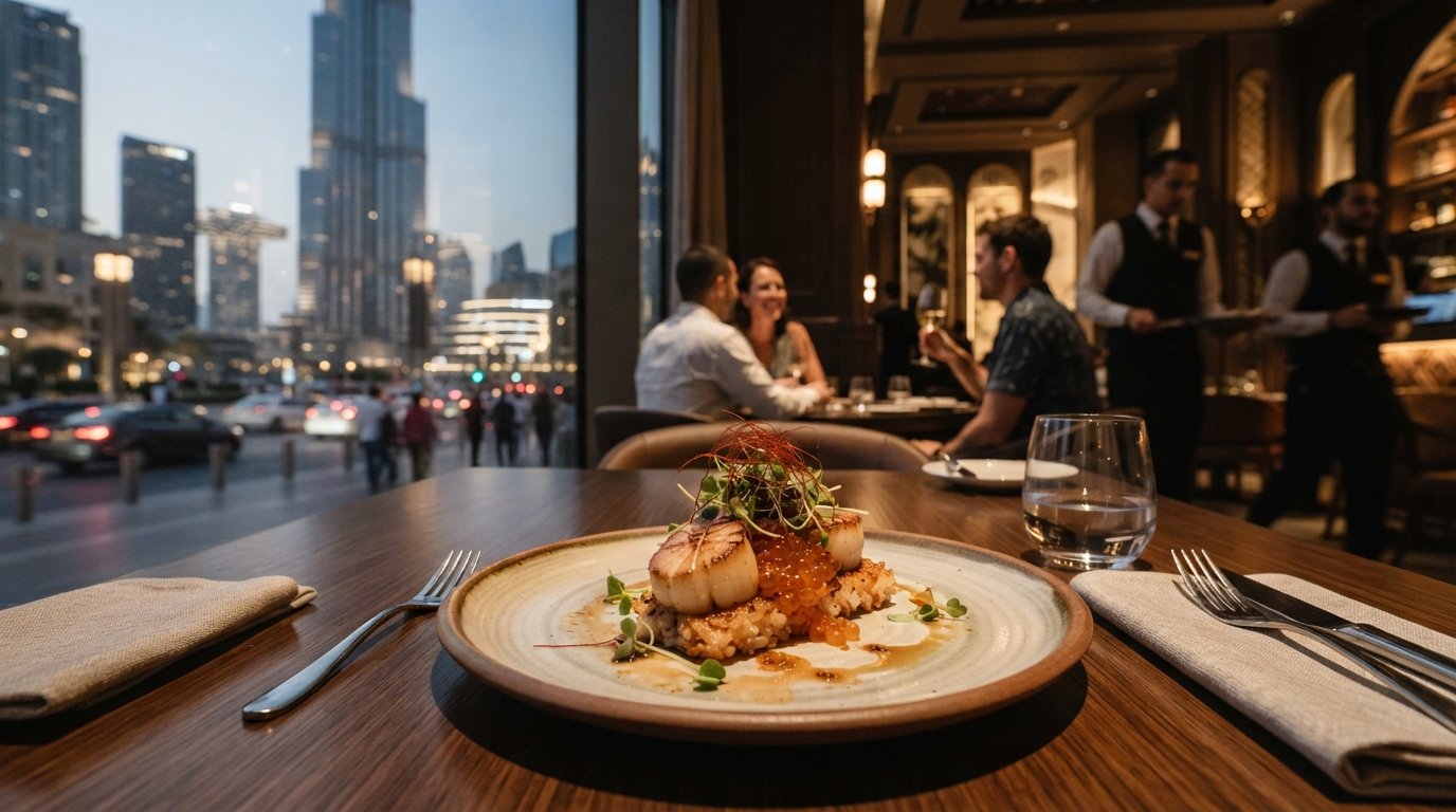 a plated tasting-menu dish at Jun's on the Boulevard, precise contemporary presentation under warm restaurant lighting