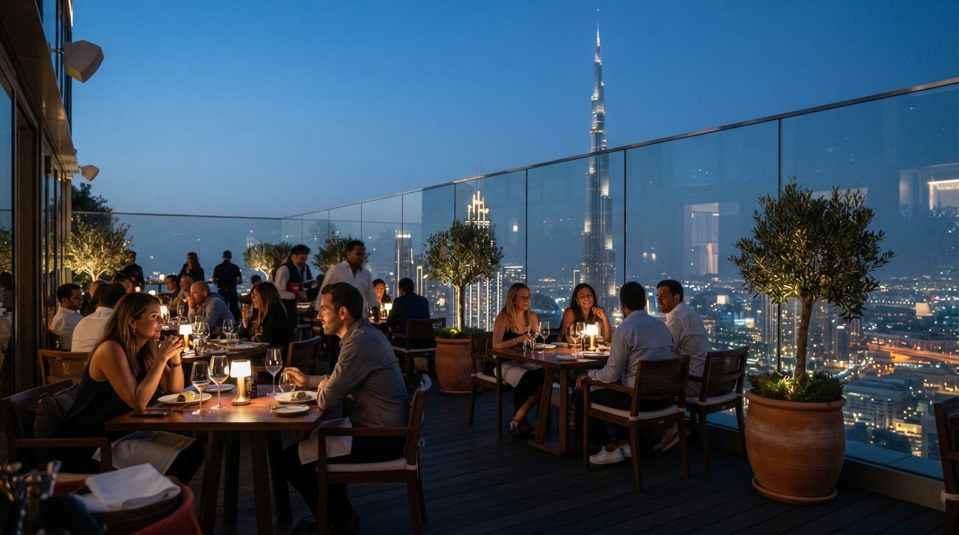 the CÉ LA VI rooftop at Address Sky View at dusk, terrace tables and the Burj Khalifa framed through glass