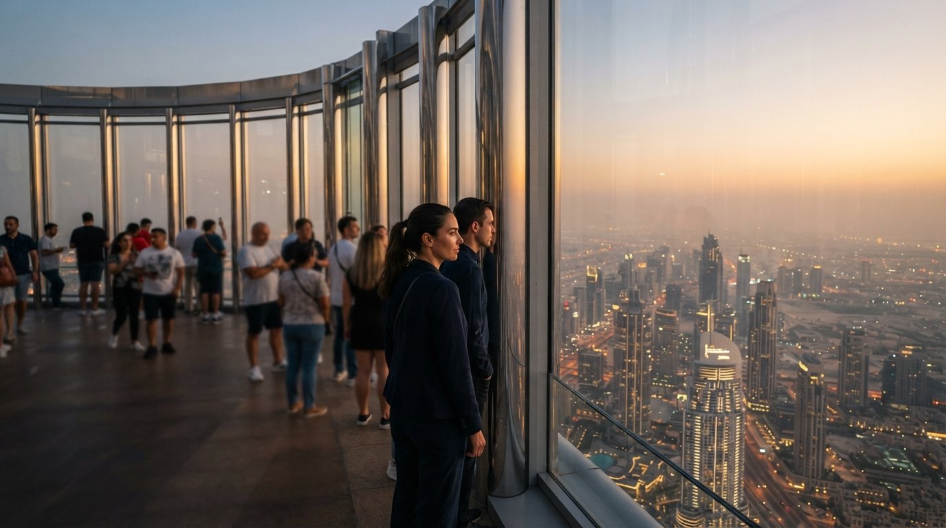 the Burj Khalifa observation deck view at sunset, Dubai’s grid of towers fading into gold haze below