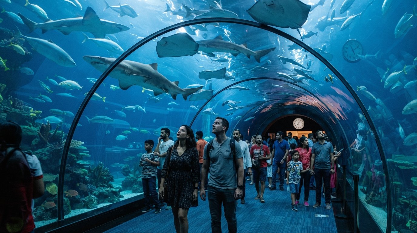 the 48-metre tunnel inside Dubai Aquarium & Underwater Zoo, fish and rays overhead under blue-lit water