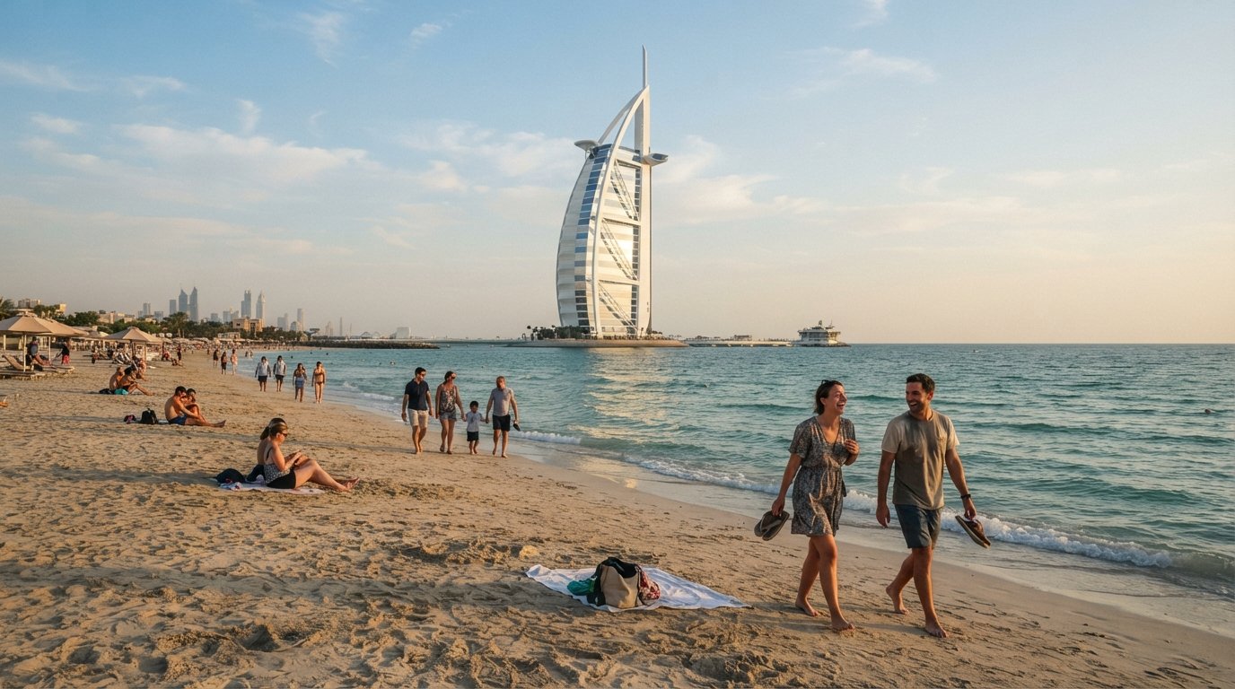 the Burj Al Arab on its own island off Umm Suqeim, seen from the public beach at late afternoon with the sail-shaped silhouette floating above the Gulf