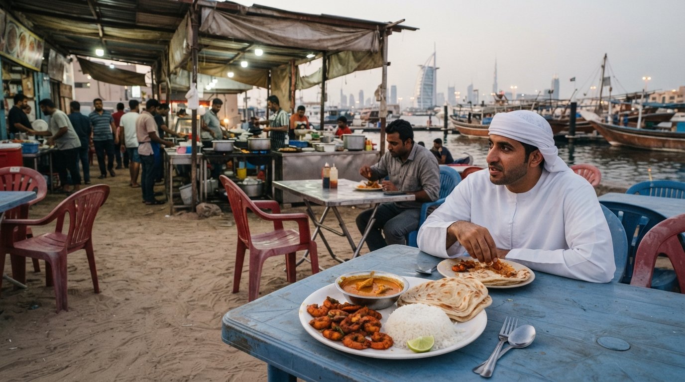 Bu Qtair’s open-air fishing-harbour shack at Umm Suqeim, plastic chairs on sand, a simple counter and a plate of fried masala shrimp with curry and rice