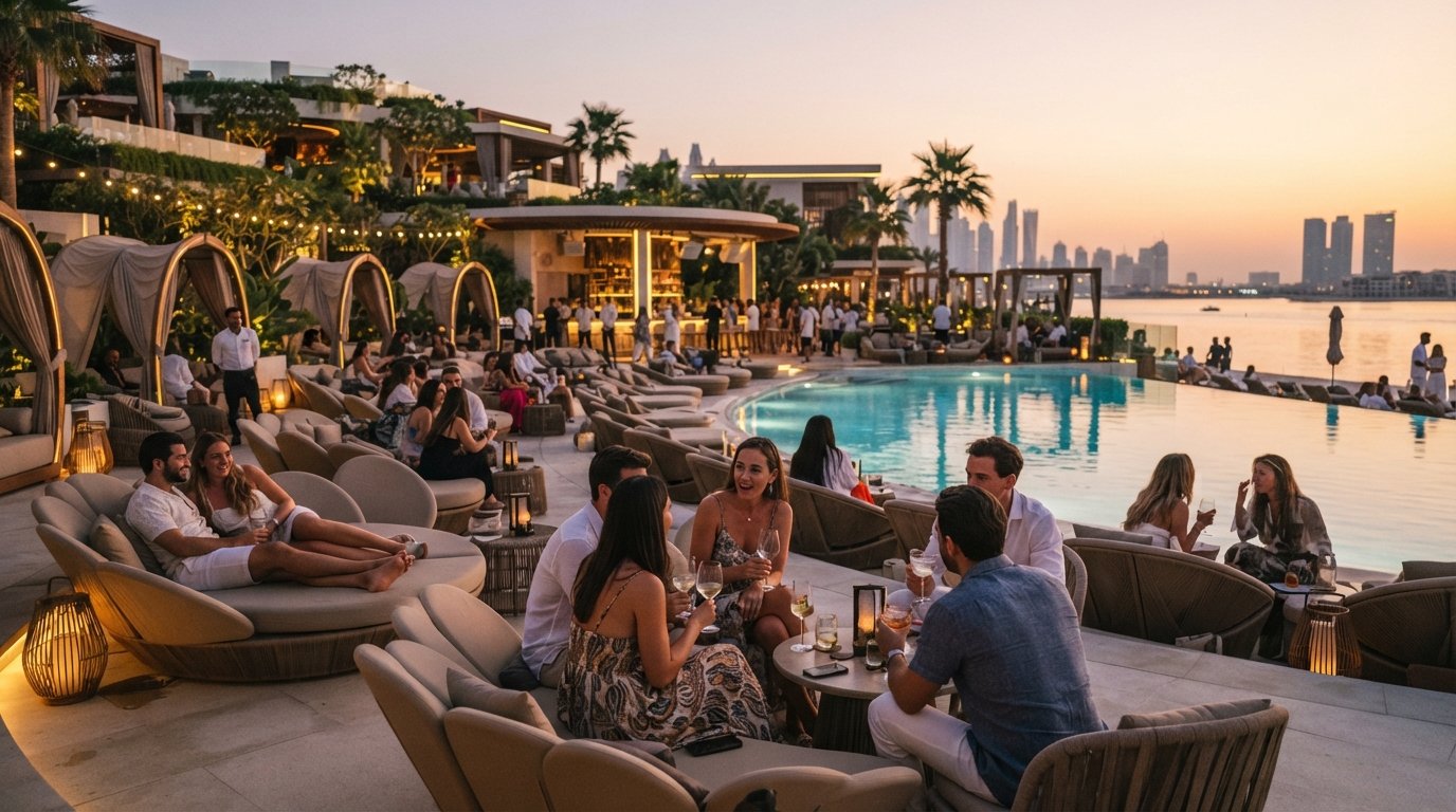 Bâoli Dubai at J1 Beach at sunset, the 2,000-square-metre pool deck, petal-shaped sun loungers and warm lighting with guests gathered for drinks
