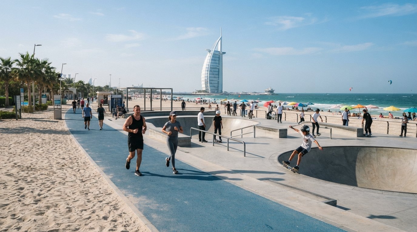 Kite Beach in Umm Suqeim on a bright morning, the jogging track beside the sand, XPark skatepark in use and the Burj Al Arab visible on the horizon