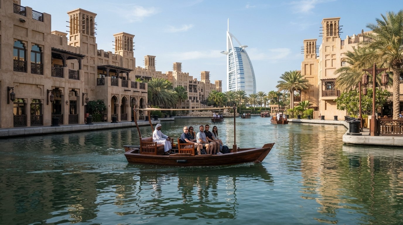 an electric abra gliding through the canals of Madinat Jumeirah, wind towers and souk façades reflected in the water with the Burj Al Arab in the distance