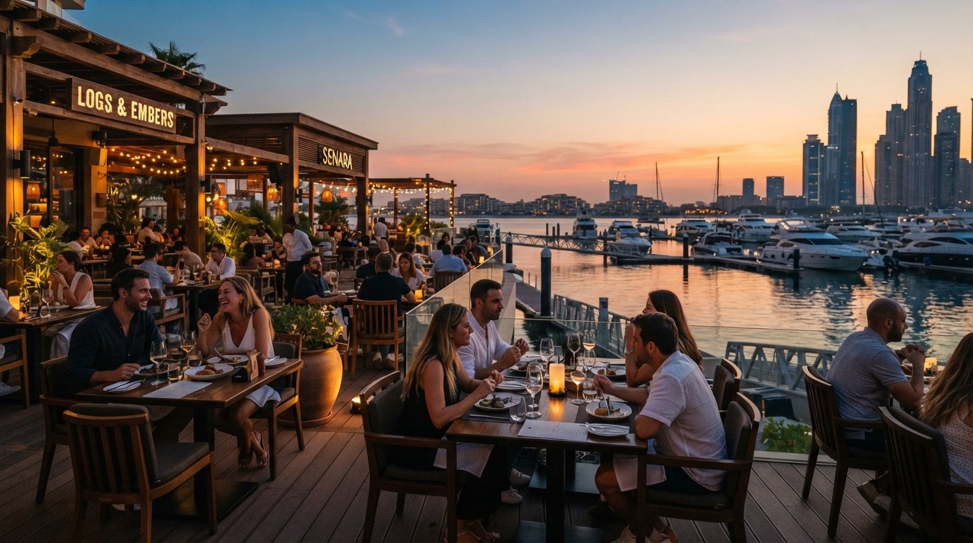 Club Vista Mare의 일몰, Logs & Embers와 Senara가 마리나를 바라보며, 따뜻한 빛이 수면에 비치고 테라스의 식사객들