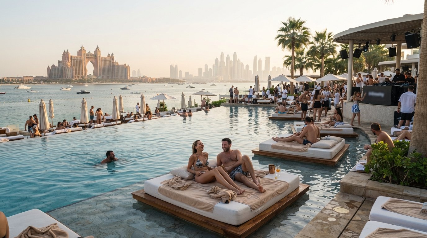 Atlantis The Palm의 WHITE Beach, 300미터 인피니티 풀, 플로팅 베드, 흰색 선베드, 늦은 오후 햇빛 속의 DJ 테라스
