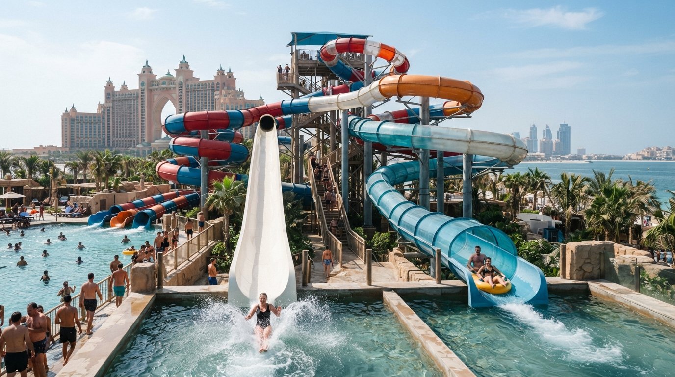Atlantis The Palm의 Aquaventure, 밝은 튜브, 스플래시 풀, 강한 햇빛 아래 리조트 스카이라인이 있는 우뚝 솟은 워터슬라이드 단지